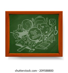 Back to school illustration, various school elements drawn in chalk on green blackboard