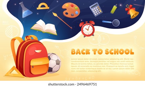 Back to school illustration. Vector background with school supplies, alarm clock, backpack, book, stationery, pencil, bell, text. Education banner for poster, web design. Not produced with AI software