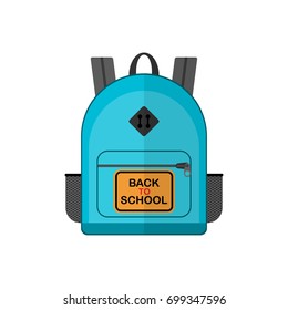 Back to school illustration. vector blue backpack . Student clipboard. Children study template. Flat design