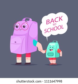Back to school illustration. Vector cartoon cute backpack character with kid and speech bubble.