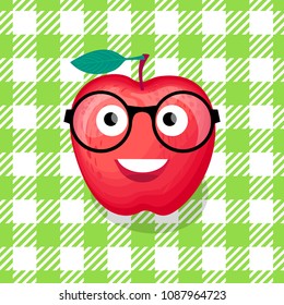 Back to school illustration. Vector Character red Apple with glasses smiling isolated on green cell background.