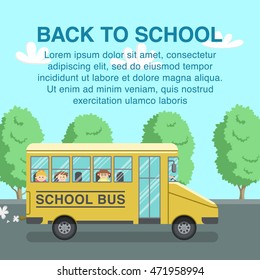 Back to school illustration with yellow school bus on the way to school.