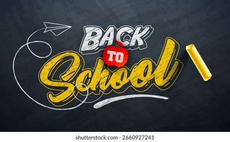Back to School Illustration with Yellow Chalk and Typography Lettering on Black Chalkboard Background. Vector Education, Learning and Knowledge Illustration with Hand Drawn Doodles for Greeting Card