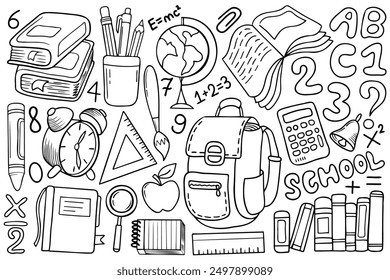 Back to school illustrations set with line art stationary. Hand drawn books, letters, numbers, notepads and other school objects.