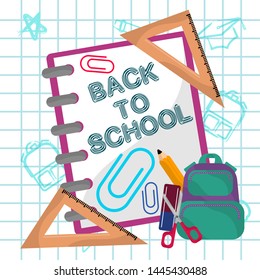 Back to school image with shool objects on a grid background - Vector- Vector