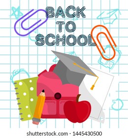 Back to school image with shool objects on a grid background - Vector- Vector