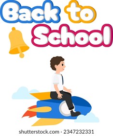 Back to school imagination illustration. Schoolboy rocket fly through the clouds. Back to school banner, isolated background. Vector concept idea. Font with 3D view.