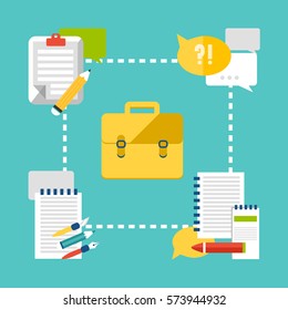 Back to school infographic concept with supplies and elements in flat style on turquoise background vector illustration