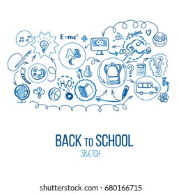 Back to School infographic. Vector illustration of school supplies and subjects interaction. Sketch design for web and mobile services. Icons for online education, learning infographics, web banners