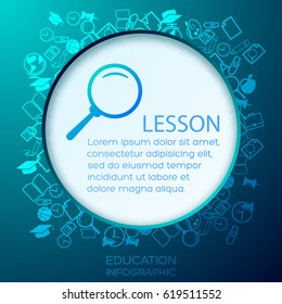 Back to school infographics with text gray circle magnifier and line icons background vector illustration
