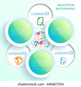 Back to school infographics with three glossy colorful circles and round holes with icons vector illustration