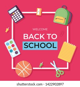Back to school information card set. Student template of flyear, magazines, posters, book cover, banners. Calculator,  scissors, notebook, backpack, watercolor, ball, pin. Office and student items