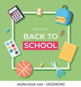 Back to school information card set. Student template of flyear, magazines, posters, book cover, banners. Calculator,  scissors, notebook, backpack, watercolor, ball, pin. Office and student items