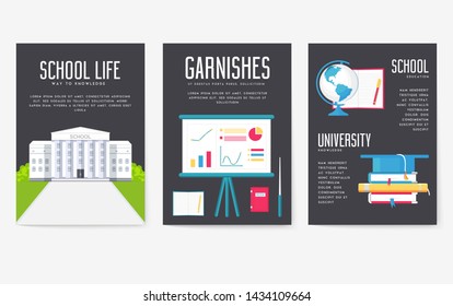 Back to school information cards set. Student template of flyear, magazines, posters, book cover, banners. College education infographic concept background. Layout illustrations modern 