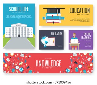 Back to school information cards set. Student template of flyear, magazines, posters, book cover, banners. College education infographic concept background. Layout illustrations modern pages 