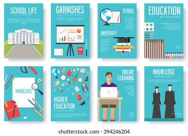 Back To School Information Cards Set. Student Template Of Flyear, Magazines, Posters, Book Cover, Banners. College Education Infographic Concept Background. Layout Illustrations Modern Pages 