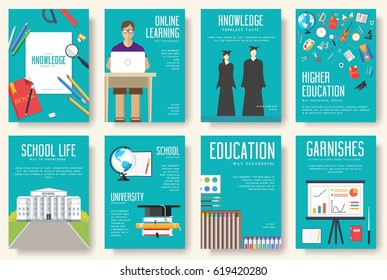 Back to school information cards set. Student template of flyear, magazines, posters, book cover, banners. College education infographic concept background. Layout illustrations modern pages