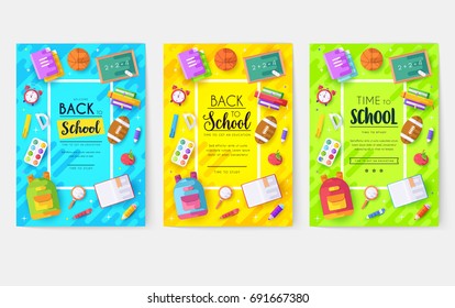 Back to school information cards set. Student template of flyear, magazines, posters, book cover, banners. College education infographic concept background. Layout illustrations modern pages