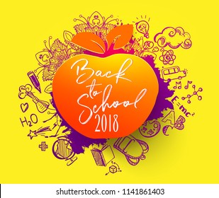 Back to school ink splash background with hand drawn doodle different objects. Calligraphy style back to school on apple education symbol for business banners, posters, flyers.