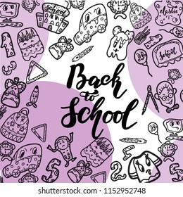 Back to school ink splash background with hand drawn doodles. Lettering for banners, posters, flyers.