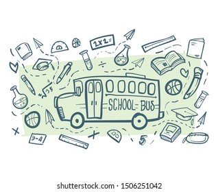 Back to school ink splash background with hand drawn doodles, White background.