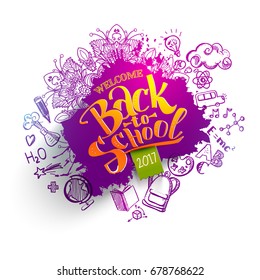 Back to school ink splash background with hand drawn doodle different objects. Lettering back to school super sale for business banners, posters, flyers.