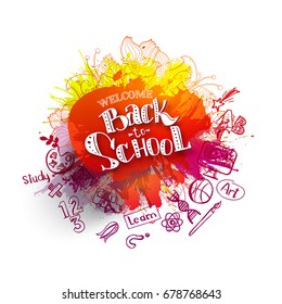 Back to school ink splash background with hand drawn doodles. Lettering back to school super sale for business banners, posters, flyers. Creative sketch design for back to school advertising