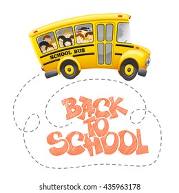 Back to school inscription by chalk and cute cartoon school bus with cheerful pupils. Hand drawn lettering. Back to school concept. Vector illustration. 