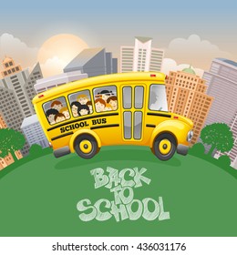 Back to school inscription by chalk and cute cartoon school bus with cheerful pupils. Modern city on background. Hand drawn lettering. Back to school concept. Vector illustration. 