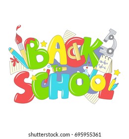Back to school inscription and school elements - pen, pencil, brush, paper, notebook, microscope