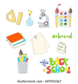 Back to school inscription and school elements - pen, pencil, brush, paper, notebook, microscope, ruler, protractor, textbooks
