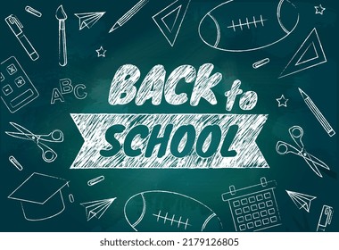 Back to school. Inscription made with crayons on blackboard in classroom. September 1 and international autumn holidays, knowledge day. Learning and education. Cartoon flat vector illustration