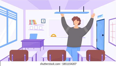 Back to school interior of room for teacher. School worker, happy teacher in empty classroom at school workplace. Education and training. Class for education, board, table, study, blackboard, lesson