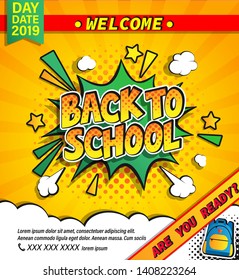 Back to school invitation banner with handdrawn lettering in comic boom explosion bubble on halftone background. Welcome poster for rducation design. Template for flyers, cards. Vector illustration.