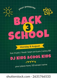 Back to school invitation card or flyer with handwritten school elements in doodle style. Green chalkboard and checkered paper on background. Vector illustration