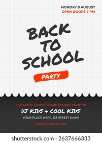 Back to School invitation card, flyer, poster. Chalkboard and checkered paper on backdrop. Vector illustration