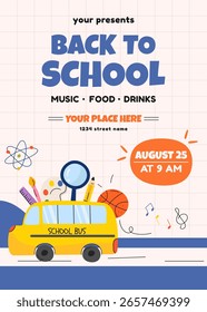 Cartel de invitación de regreso a la escuela con autobús escolar y Elementos de ciencias. Ilustración vectorial.