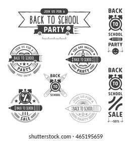 Back to school invitation and sale vector emblems design.