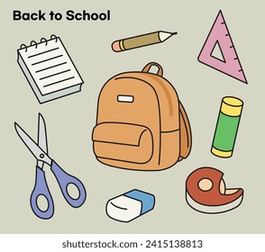 Back to school, isolated cute school supplies. line illustration, vector flat design