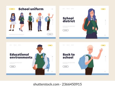 Back to school isolated set of landing page template offering online education, uniform for study