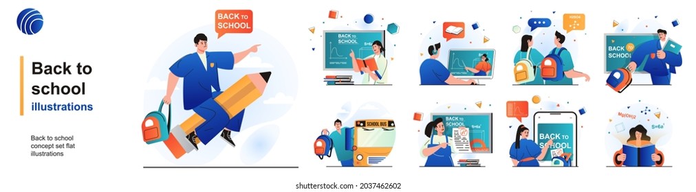 Back to school isolated set. Pupils learning in lessons, college education. People collection of scenes in flat design. Vector illustration for blogging, website, mobile app, promotional materials.