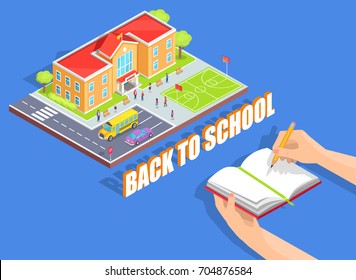 Back to school isolated vector illustration on blue. Cartoon style educational institution and notebook held in left hand with pencil in right one