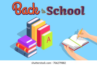 Back to school isolated vector illustration with stack of coursebooks. Cartoon style notebook held in left hand with pencil in right one