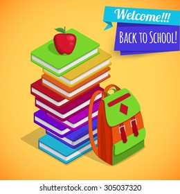 Back to school isometric background with pile of colorful books, red apple and bag over. Vector illustration