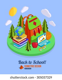 Back to school isometric background with pile of colorful books, red apple, globe, computer. Vector illustration
