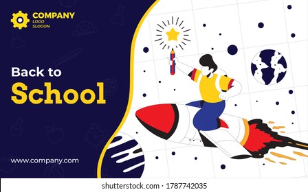 Back to school isometric cartoon design concept-child with rocket-thinking bulb-education school items