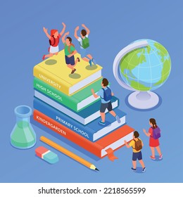 Back to school isometric composition with set of stacked books with jumping kids globe and vial vector illustration