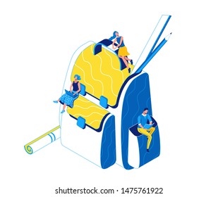 Back to school isometric concept, learning people on backpack, 3d students read book, library, learn lesson, rucksack, college pupil, blue, yellow, stationery, big bag, modern creative characters