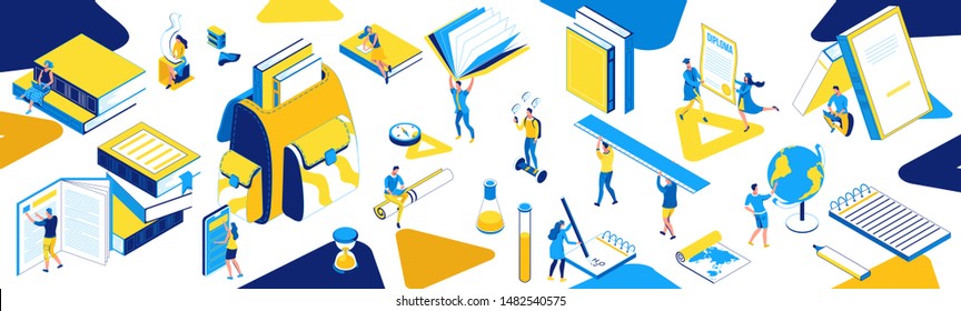 Back To School Isometric Horizontal Banner, Learning People Set, 3d Students Read Book, Library, Learn Lesson, Class Concept, Backpack, College Pupil, Blue, Yellow, Stationery, Creative Characters