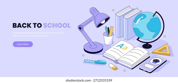 Ilustración isométrica de regreso a la escuela con libros de estudio, lámpara de escritorio, globo terráqueo, bolígrafos y lápices. Asistente de aprendizaje de IA, Vector de concepto de educación digital.